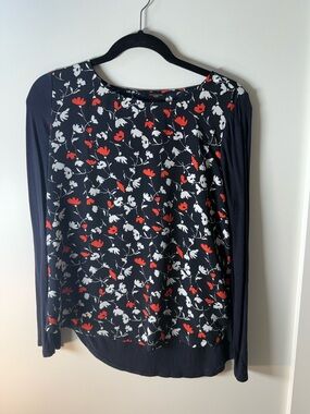 Ann Taylor Navy Floral Long Sleeve Top with Red and White Accents